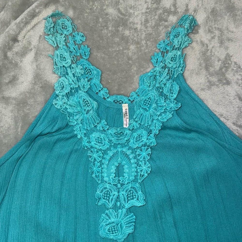 Teal Sleeveless Lace Trim Dress - Picture 4 of 8